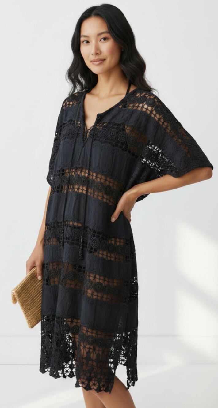 Amita Naithani Black Crochet Beach Cover with Tassels size Medium
